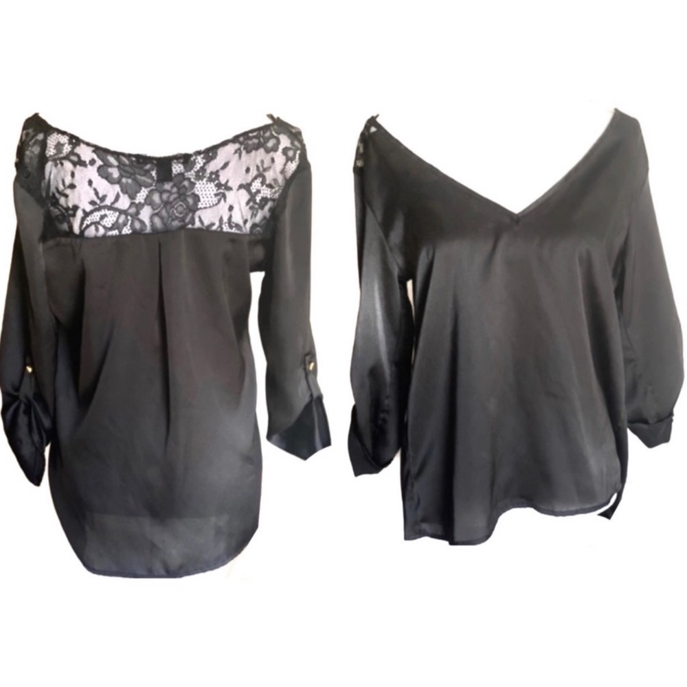 Forever 21 |black 3/4 sleeve satin & back lace top Size M Medium